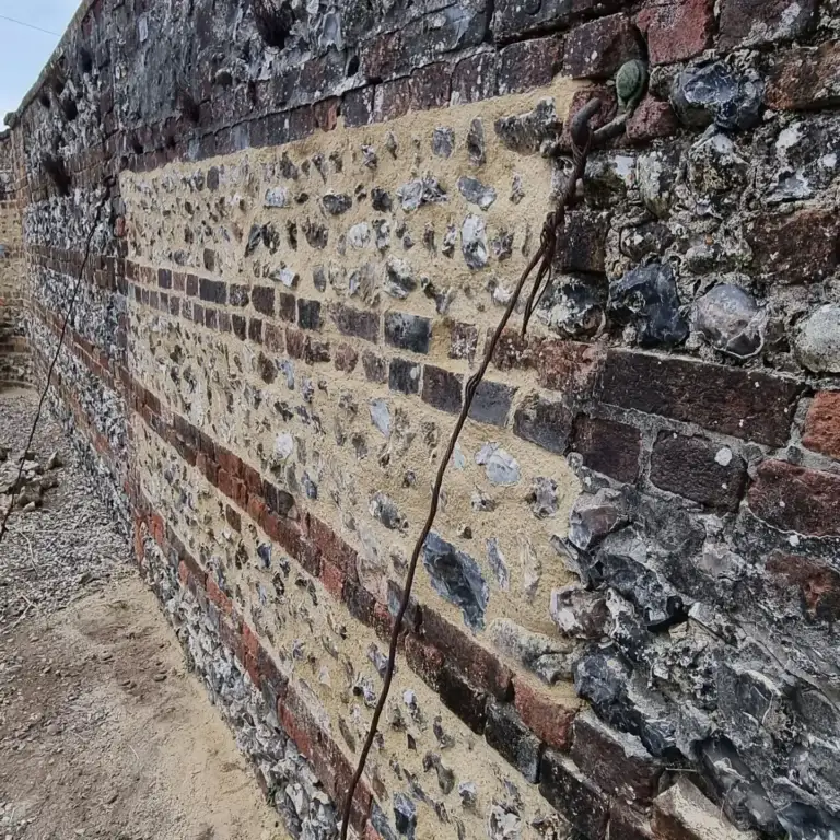 Flint and brick boundary wall being repaired and repointed in lime mortar